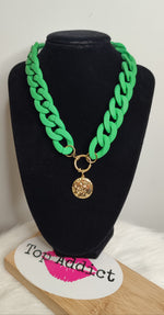 COLLIER MAXI CHAINE MEDAILLE & VERT ACIER