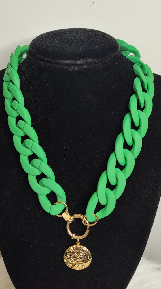 COLLIER MAXI CHAINE MEDAILLE & VERT ACIER
