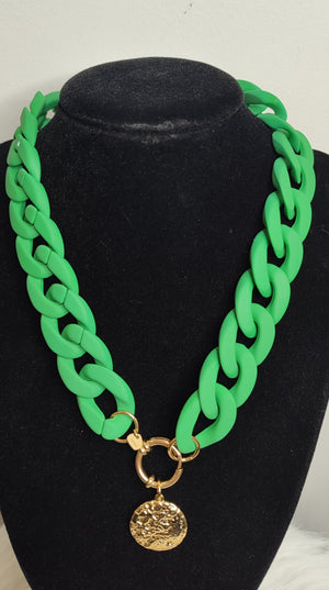 COLLIER MAXI CHAINE MEDAILLE & VERT ACIER