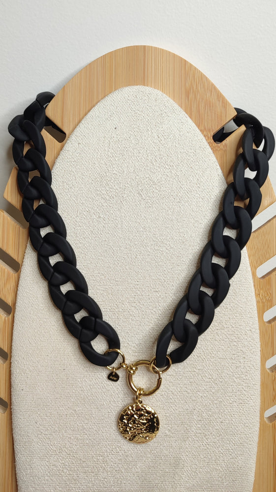 COLLIER MAXI CHAINE MEDAILLE & NOIR ACIER