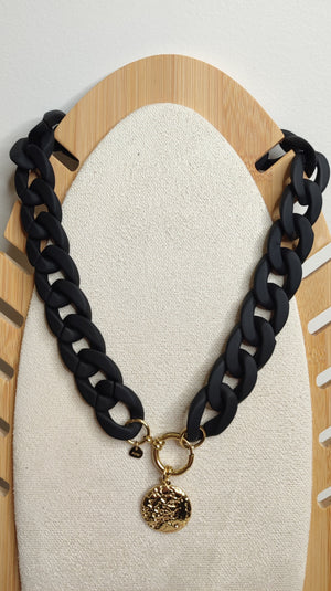 COLLIER MAXI CHAINE MEDAILLE & NOIR ACIER