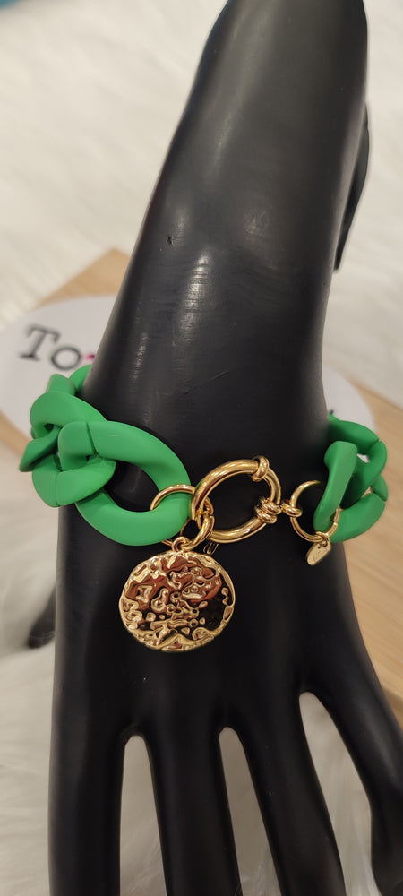 BRACELET MAXI CHAINE MEDAILLE & VERT ACIER