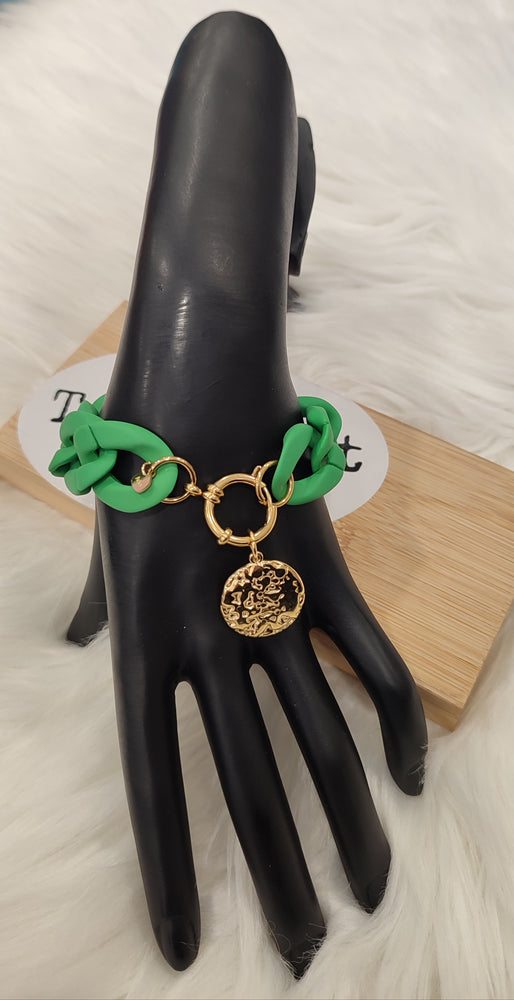 BRACELET MAXI CHAINE MEDAILLE & VERT ACIER