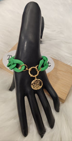 BRACELET MAXI CHAINE MEDAILLE & VERT ACIER