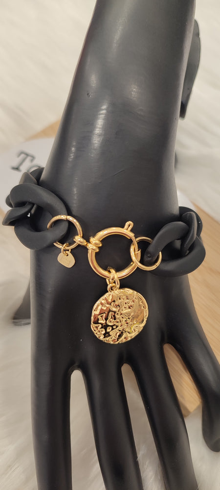 BRACELET MAXI CHAINE MEDAILLE & NOIR ACIER