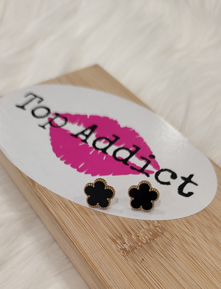 BOUCLES D'OREILLES FLEUR NOIR & OR ACIER