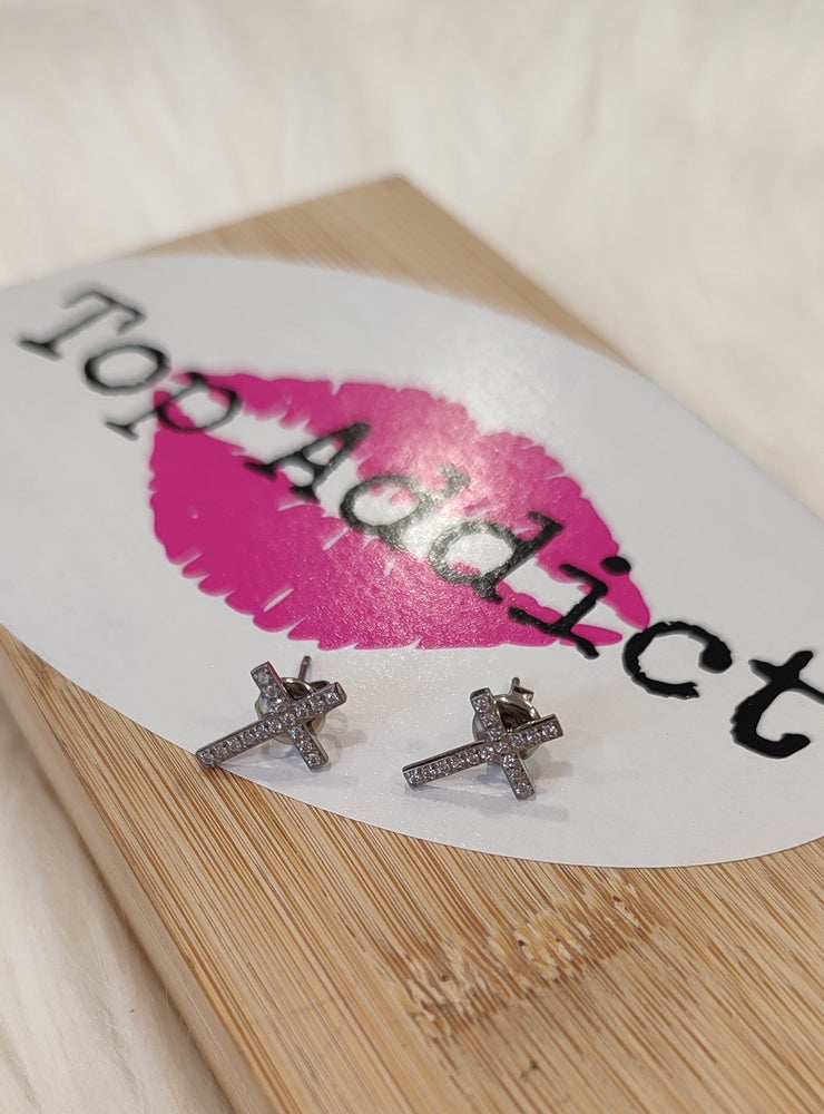 BOUCLES D'OREILLES CROIX STRASS & ARGENT ACIER