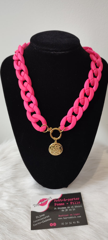 COLLIER MAXI CHAINE MEDAILLE & FUSHIA ACIER