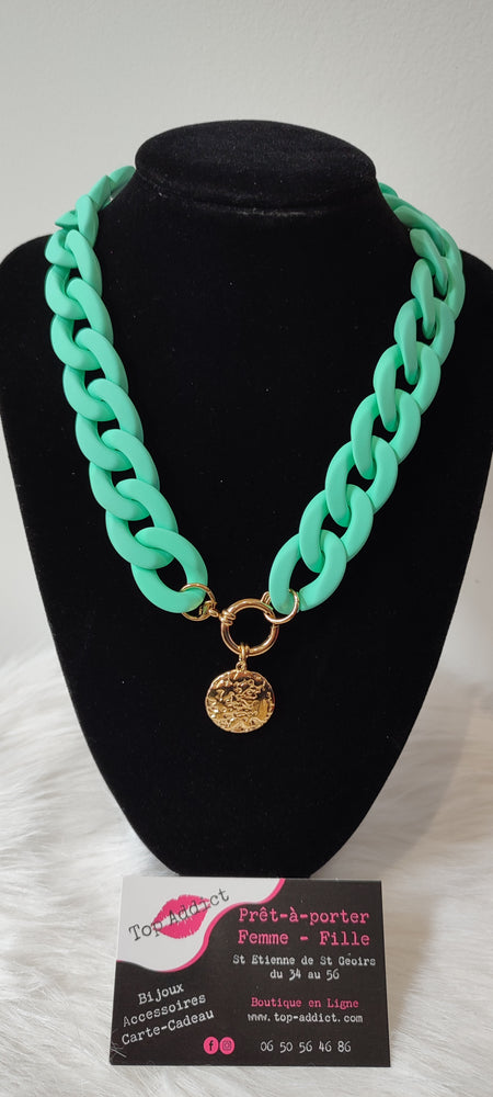 COLLIER MAXI CHAINE MEDAILLE & VERT D'EAU ACIER