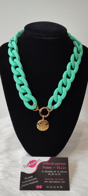 COLLIER MAXI CHAINE MEDAILLE & VERT D'EAU ACIER