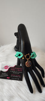 BRACELET MAXI CHAINE MEDAILLE & VERT D'EAU ACIER