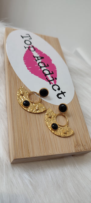 BOUCLES D'OREILLES DEMI LUNE PIERRE NOIRE & OR ACIER