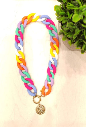 COLLIER MAXI CHAINE PENDENTIF & MULTICOLOR ACIER